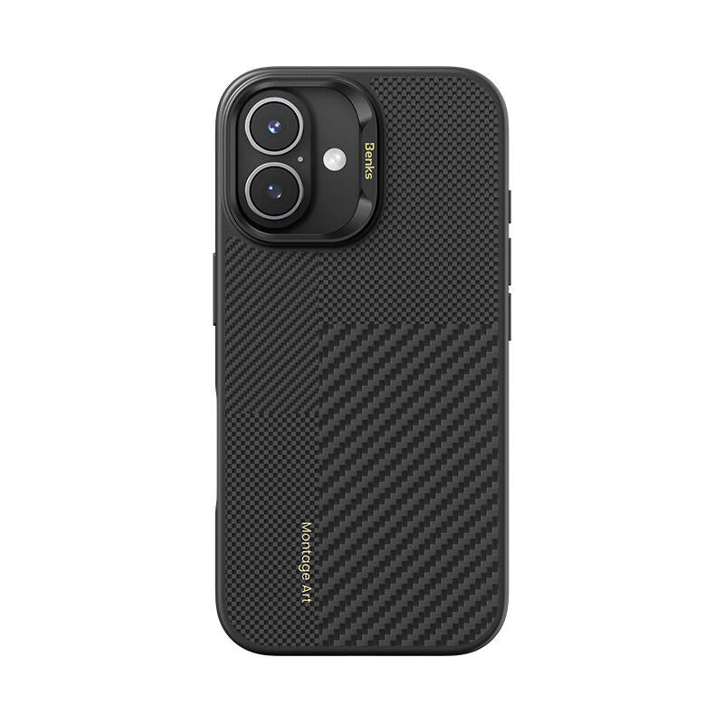 iPhone 16 Kılıf Magsafe Şarj Özellikli Karbon Fiber Benks Montage Hybrid ArmorPro Kevlar Kılıf Siyah