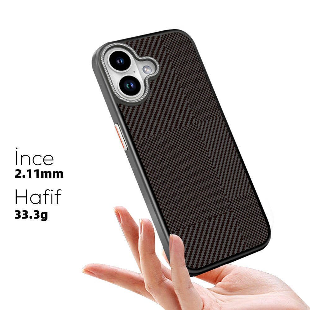 iPhone 16 Kılıf Magsafe Şarj Özellikli Karbon Fiber Desenli Mutural Montage Kılıf Siyah