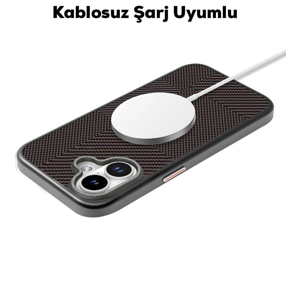 iPhone 16 Kılıf Magsafe Şarj Özellikli Karbon Fiber Desenli Mutural Montage Kılıf Kahverengi