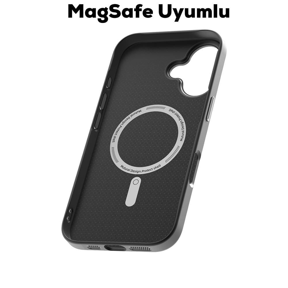 iPhone 16 Kılıf Magsafe Şarj Özellikli Karbon Fiber Desenli Mutural Montage Kılıf Kahverengi