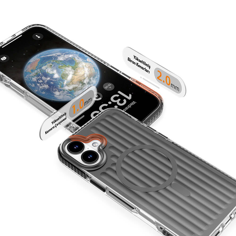 iPhone 16 Kılıf Magsafe Şarj Özellikli Oyuklu Tasarım Mutural Bumpy Clear Kılıf Gümüş