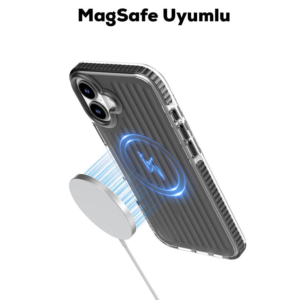iPhone 16 Kılıf Magsafe Şarj Özellikli Oyuklu Tasarım Mutural Bumpy Clear Kılıf Gümüş