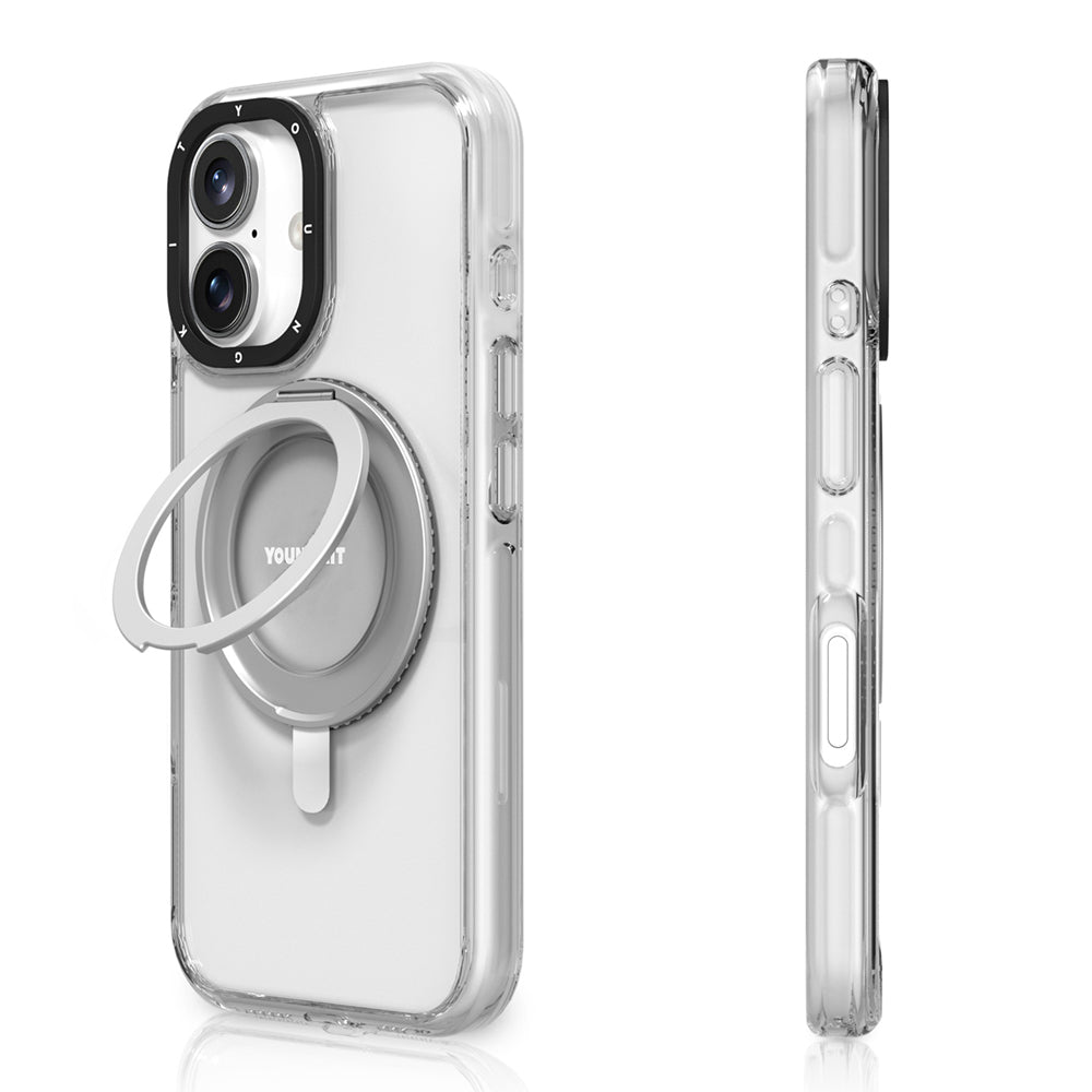 iPhone 16 Kılıf Magsafe Şarj Özellikli Parmak Ring Standlı Youngkit Pivot Serisi Kılıf Şeffaf