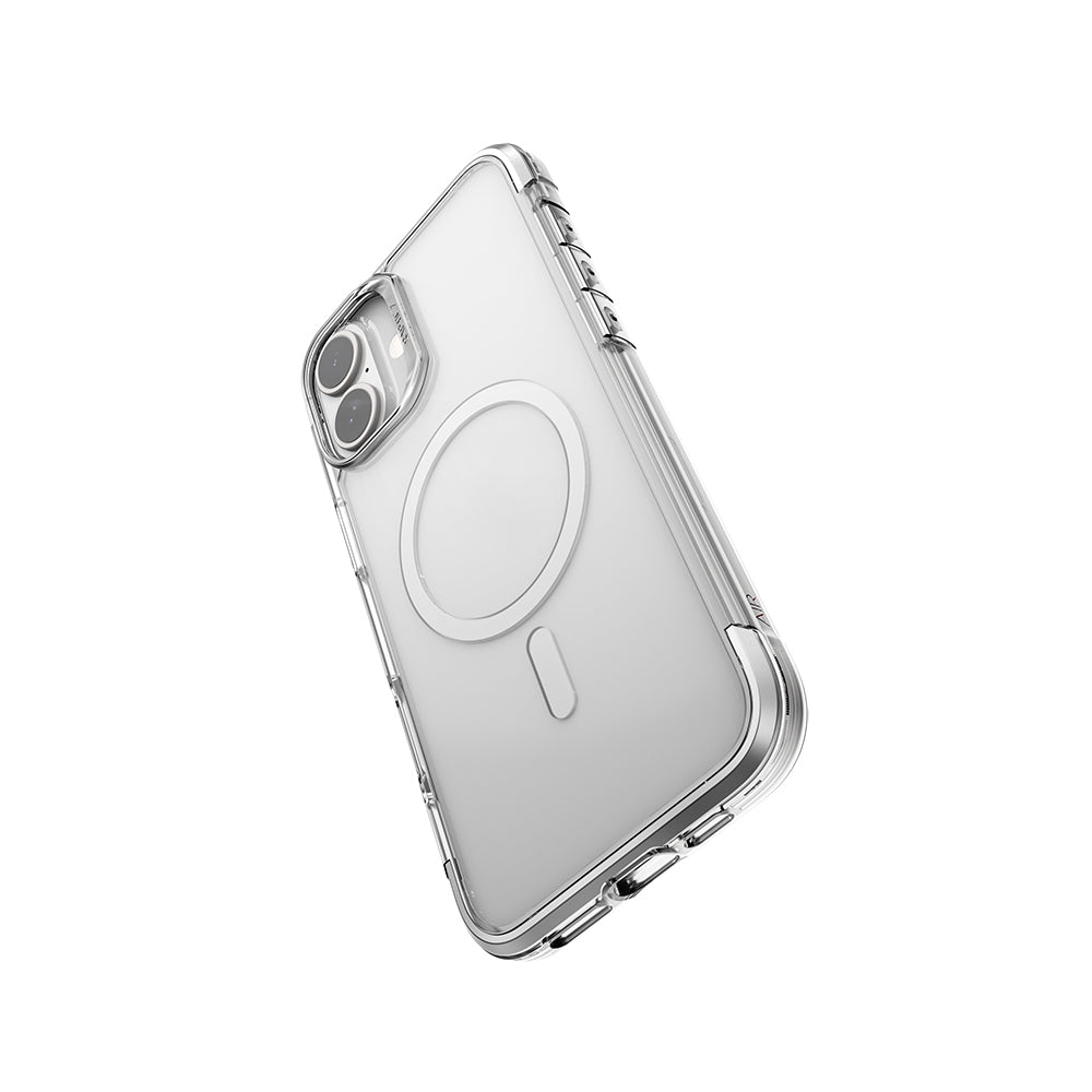 iPhone 16 Kılıf Magsafe Şarj Özellikli Raptic Air Serisi Airbag Tasarımlı Metal Köşelikli Şeffaf Kılıf Gümüş