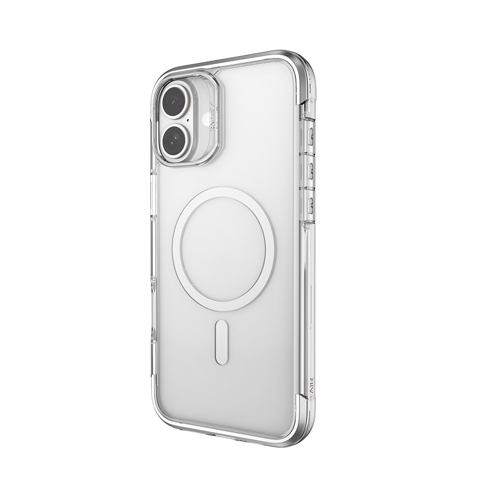 iPhone 16 Kılıf Magsafe Şarj Özellikli Raptic Air Serisi Airbag Tasarımlı Metal Köşelikli Şeffaf Kılıf Gümüş
