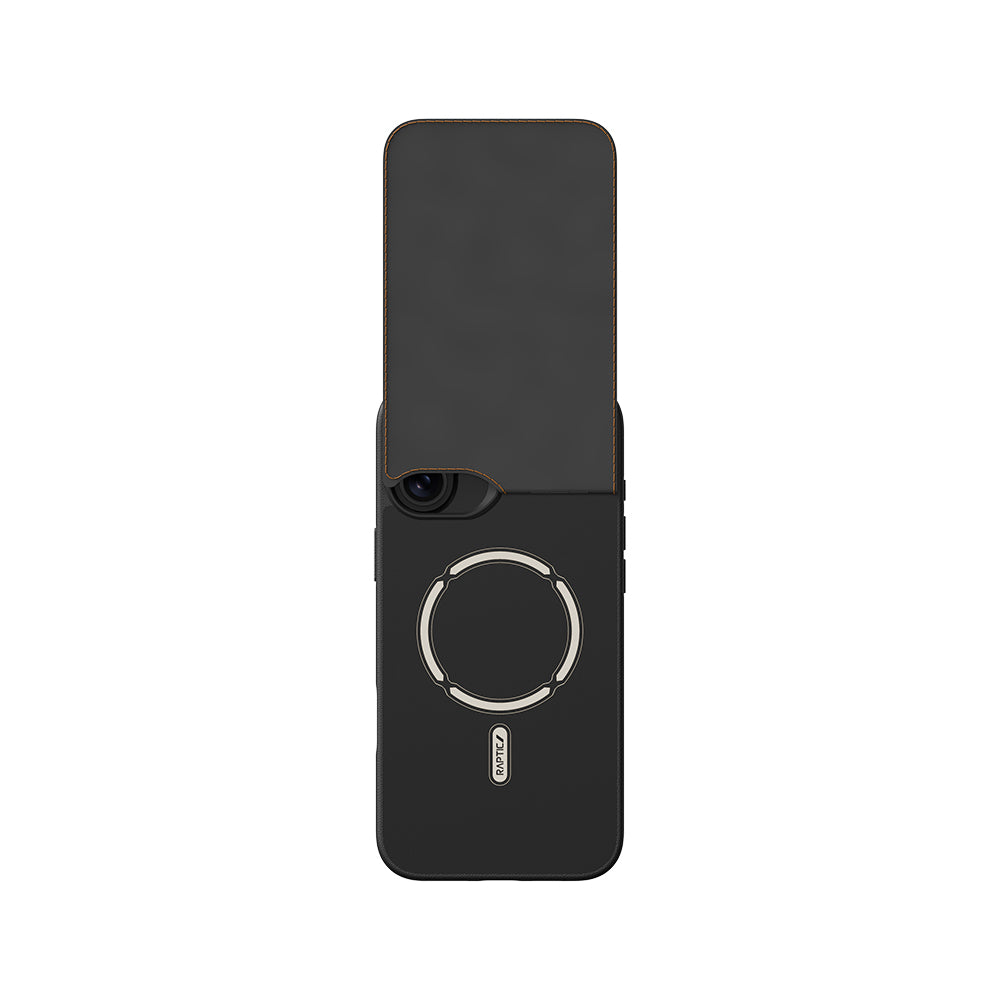 iPhone 16 Kılıf Magsafe Şarj Özellikli Raptic Slim Wallet Serisi Deri Görünümlü Kartlıklı Standlı Kılıf Siyah