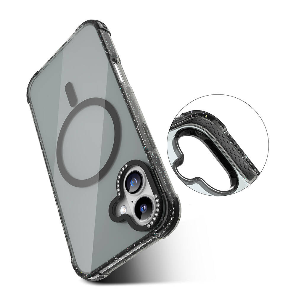 iPhone 16 Kılıf Magsafe Şarj Özellikli Taşlı ve Simli Tasarım Mutural Blink Kılıf Mavi