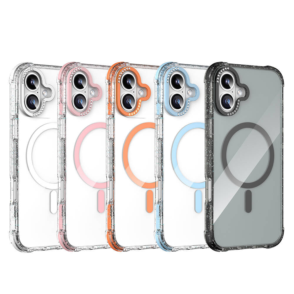 iPhone 16 Kılıf Magsafe Şarj Özellikli Taşlı ve Simli Tasarım Mutural Blink Kılıf Mavi