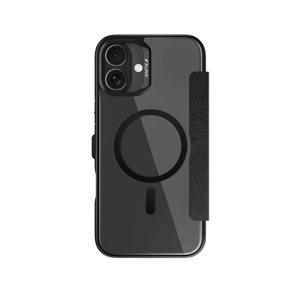 iPhone 16 Kılıf Magsafe Şarj Özellikli Vegan Deri Tasarımlı Şeffaf Arka Yüzey Kartlıklı Raptic Urban Folio Serisi Kılıf Siyah