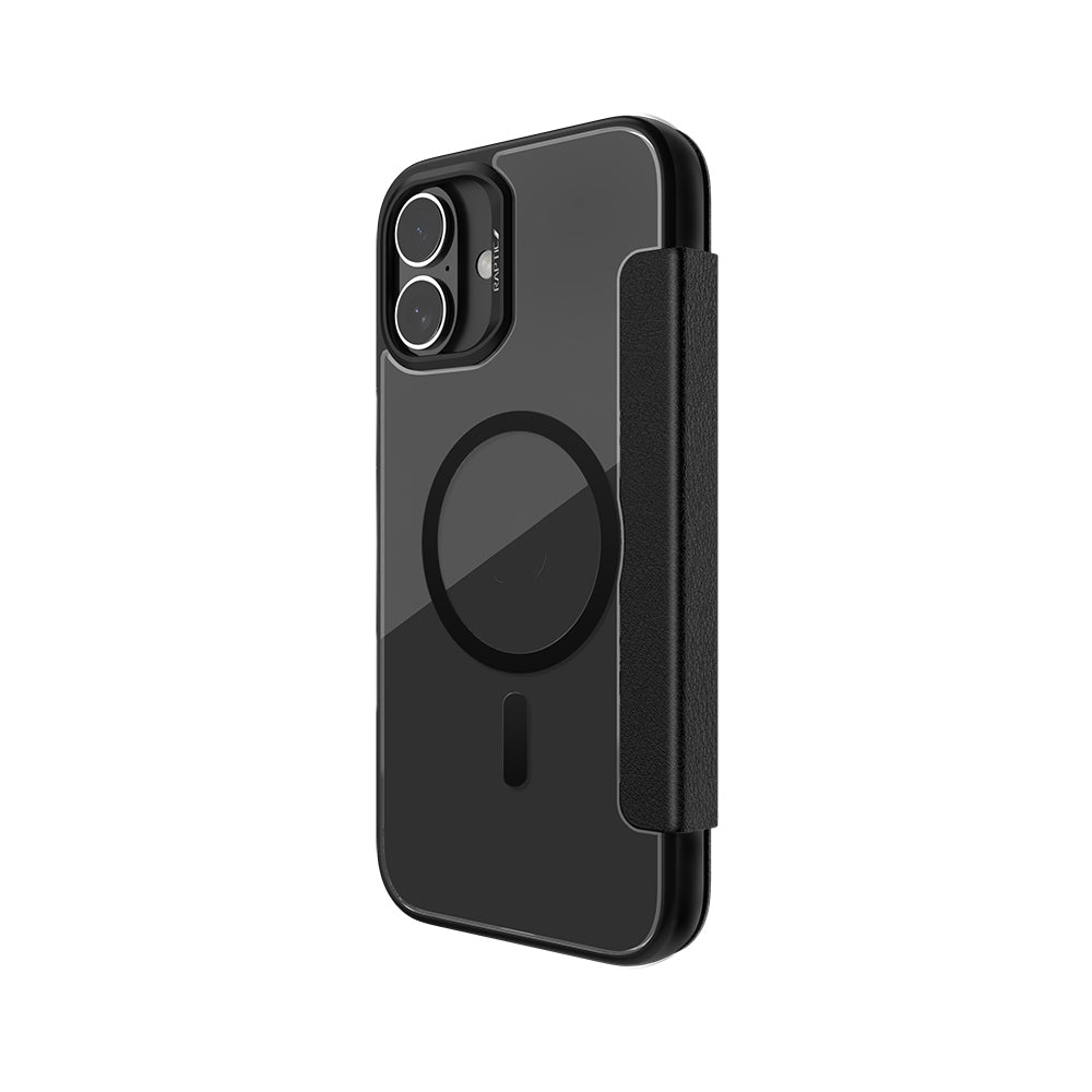 iPhone 16 Kılıf Magsafe Şarj Özellikli Vegan Deri Tasarımlı Şeffaf Arka Yüzey Kartlıklı Raptic Urban Folio Serisi Kılıf Siyah