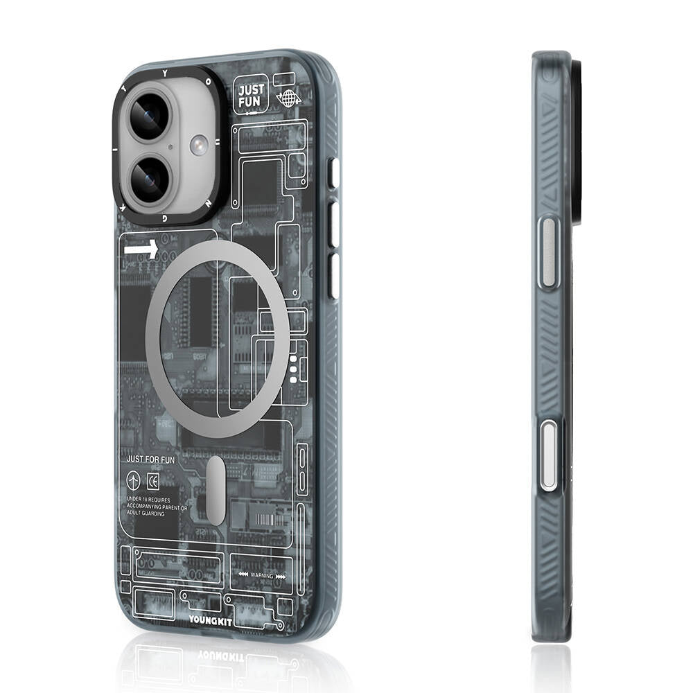 iPhone 16 Kılıf Magsafe Şarj Özellikli Youngkit Technology Serisi Kılıf Gri