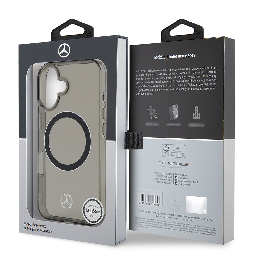 iPhone 16 Kılıf Mercedes Benz Orjinal Lisanslı Magsafe Şarj Özellikli Saydam Yüzey Silver Ring Kılıf Siyah