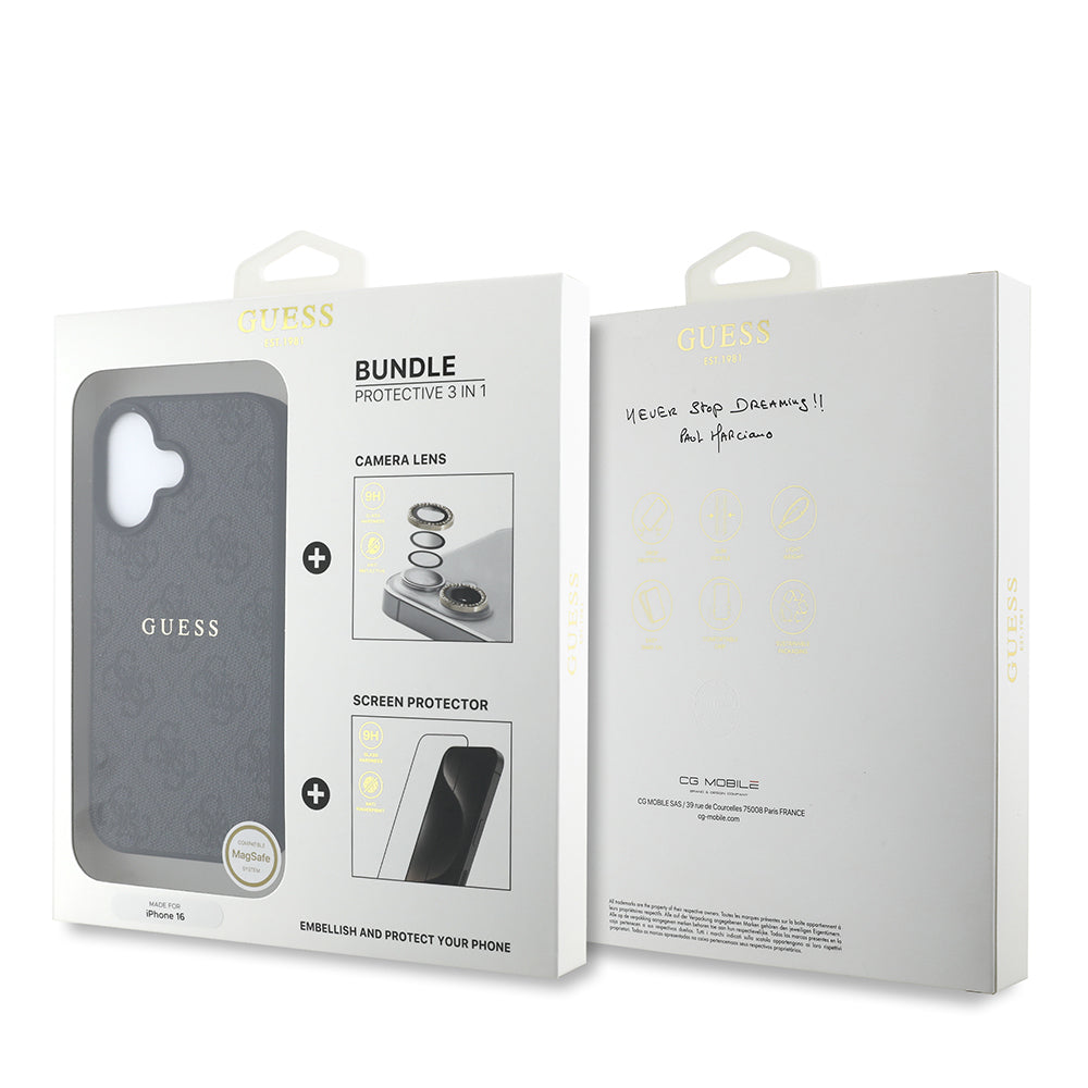 Apple iPhone 16 Plus Guess Orjinal Lisanslı Kılıf + Ekran Koruyucu + Lens Koruyucu 3in1 Aksesuar Seti Pembe