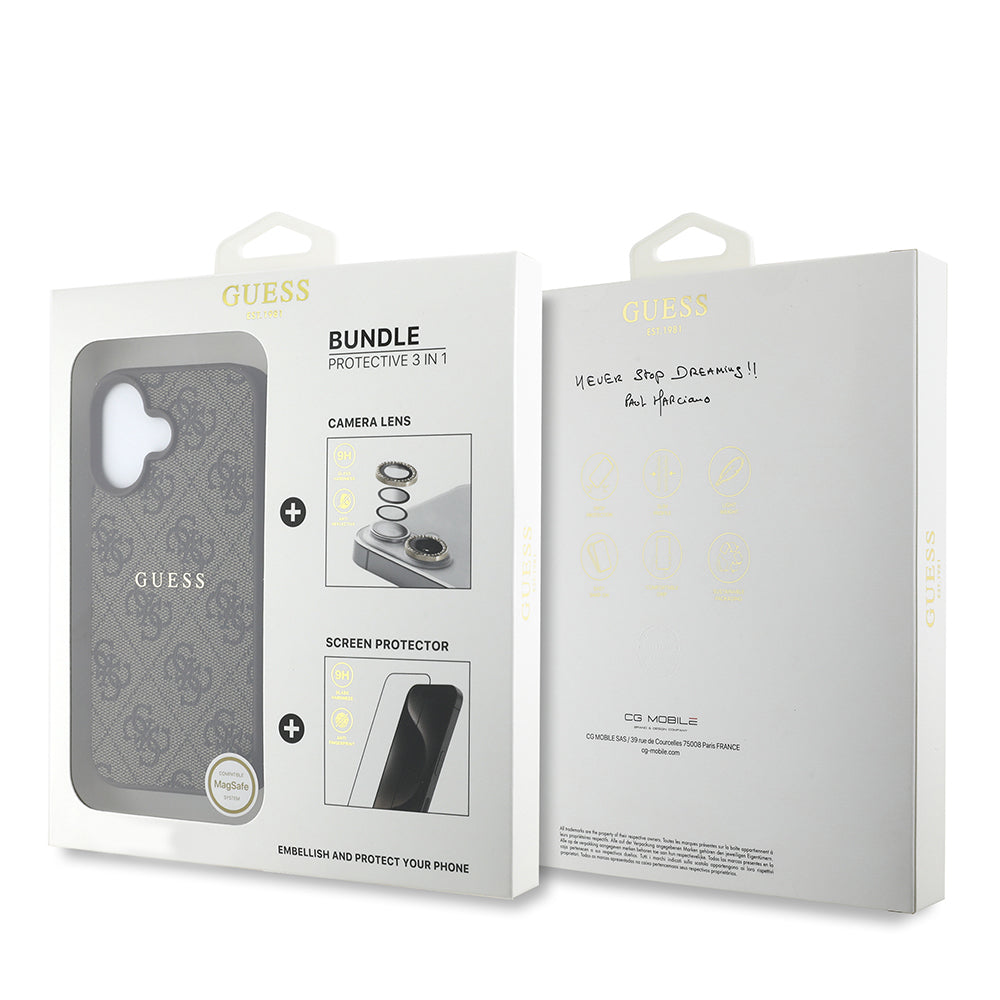 Apple iPhone 16 Plus Guess Orjinal Lisanslı Kılıf + Ekran Koruyucu + Lens Koruyucu 3in1 Aksesuar Seti Kahverengi