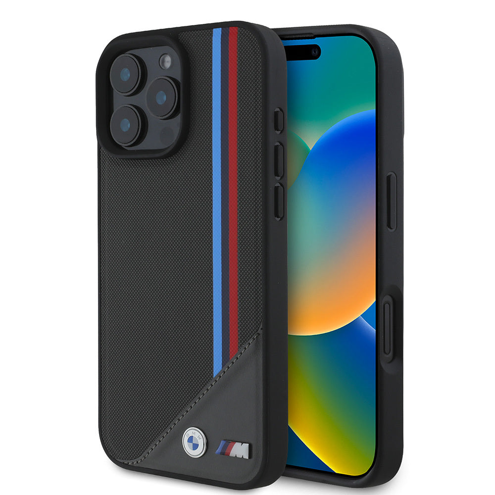 iPhone 16 Plus Kılıf BMW Orjinal Lisanslı Magsafe Şarj Özellikli M Logolu Üç Çizgili Dikiş Detaylı Meshed Tricolor Stripes Kılıf Siyah