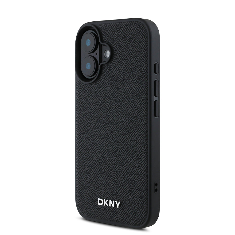 iPhone 16 Plus Kılıf DKNY Orjinal Lisanslı Magsafe Şarj Özellikli Metal Logolu PU Deri Grained Kılıf Siyah