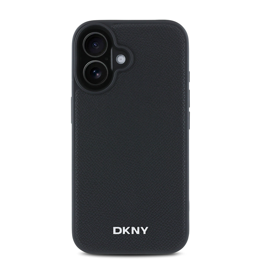 iPhone 16 Plus Kılıf DKNY Orjinal Lisanslı Magsafe Şarj Özellikli Metal Logolu PU Deri Grained Kılıf Siyah