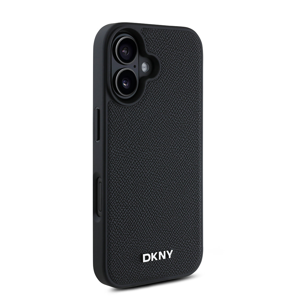 iPhone 16 Plus Kılıf DKNY Orjinal Lisanslı Magsafe Şarj Özellikli Metal Logolu PU Deri Grained Kılıf Siyah