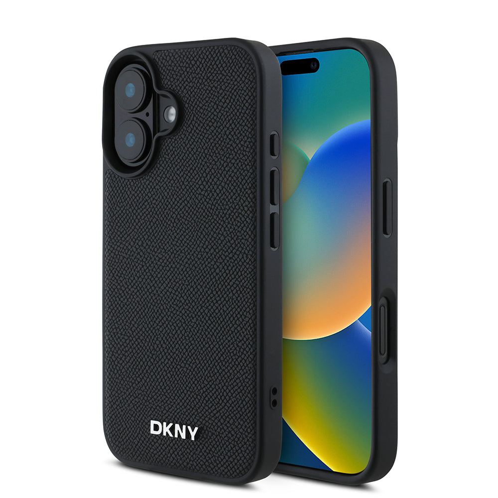 iPhone 16 Plus Kılıf DKNY Orjinal Lisanslı Magsafe Şarj Özellikli Metal Logolu PU Deri Grained Kılıf Siyah