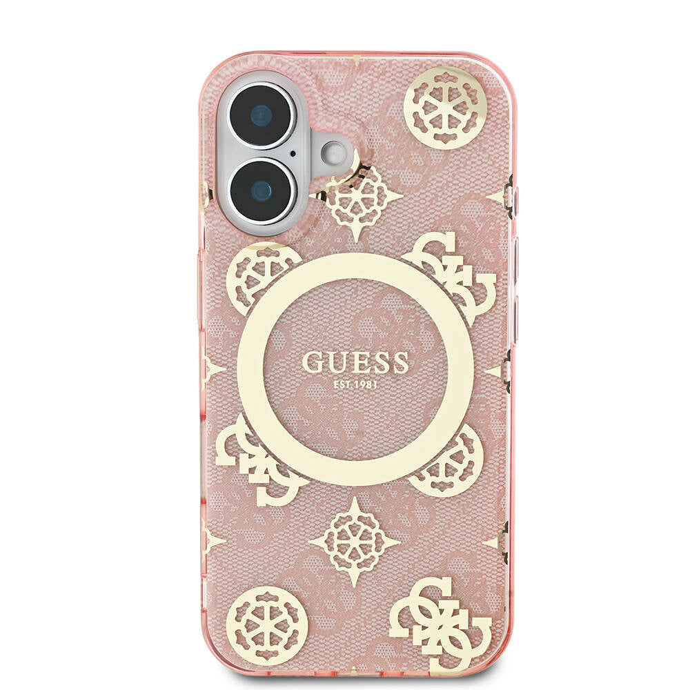 Apple iPhone 16 Plus Kılıf Guess Orjinal Lisanslı Magsafe Şarj Özellikli 4G Desenli IML Yazı Logolu Peony Kapak Pembe