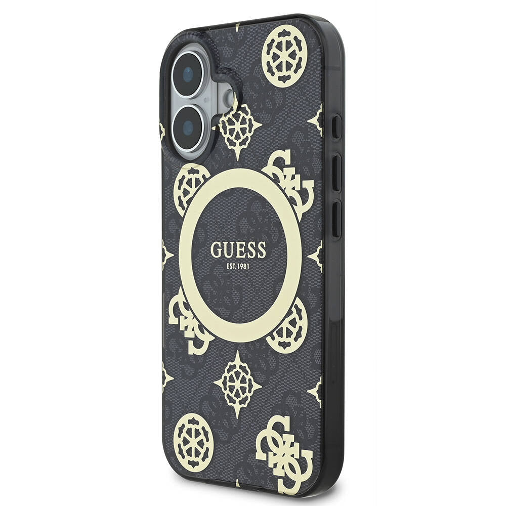 Apple iPhone 16 Plus Kılıf Guess Orjinal Lisanslı Magsafe Şarj Özellikli 4G Desenli IML Yazı Logolu Peony Kapak Siyah
