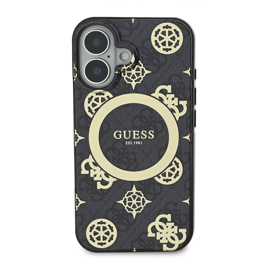 Apple iPhone 16 Plus Kılıf Guess Orjinal Lisanslı Magsafe Şarj Özellikli 4G Desenli IML Yazı Logolu Peony Kapak Siyah