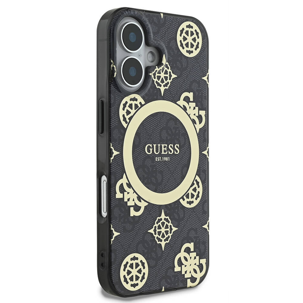Apple iPhone 16 Plus Kılıf Guess Orjinal Lisanslı Magsafe Şarj Özellikli 4G Desenli IML Yazı Logolu Peony Kapak Siyah