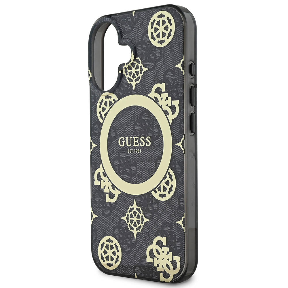 Apple iPhone 16 Plus Kılıf Guess Orjinal Lisanslı Magsafe Şarj Özellikli 4G Desenli IML Yazı Logolu Peony Kapak Siyah