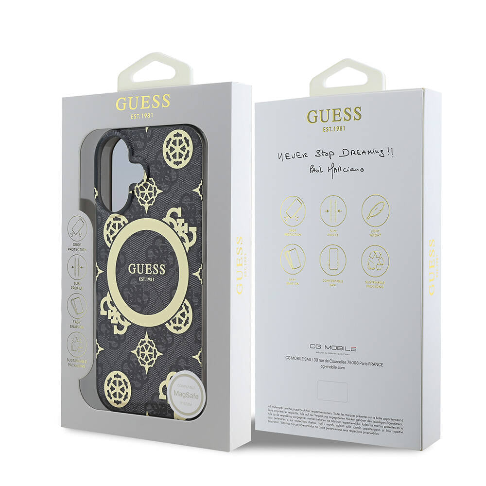 Apple iPhone 16 Plus Kılıf Guess Orjinal Lisanslı Magsafe Şarj Özellikli 4G Desenli IML Yazı Logolu Peony Kapak Siyah