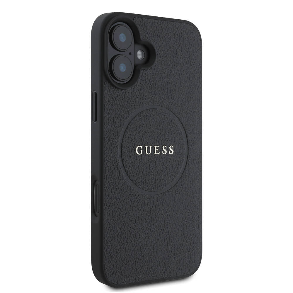 Apple iPhone 16 Plus Kılıf Guess Orjinal Lisanslı Magsafe Şarj Özellikli Yazı Logolu Grained Kapak Siyah