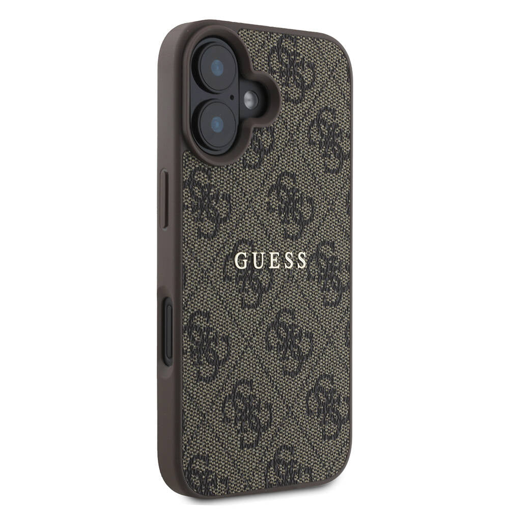 Apple iPhone 16 Plus Kılıf Guess Orjinal Lisanslı Magsafe Şarj Özellikli 4G Desenli Yazı Logolu Kapak Kahverengi