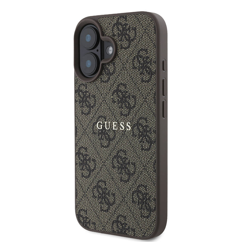 Apple iPhone 16 Plus Kılıf Guess Orjinal Lisanslı Magsafe Şarj Özellikli 4G Desenli Yazı Logolu Kapak Kahverengi