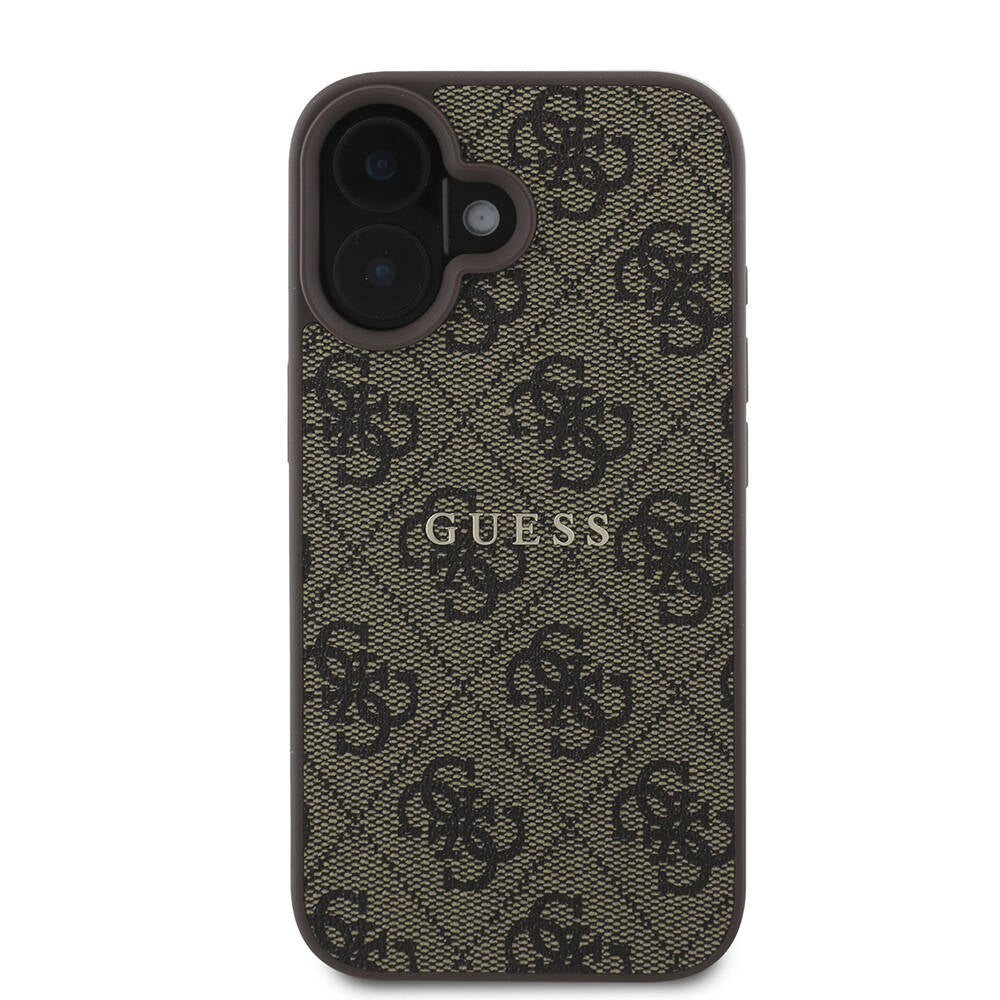 Apple iPhone 16 Plus Kılıf Guess Orjinal Lisanslı Magsafe Şarj Özellikli 4G Desenli Yazı Logolu Kapak Kahverengi
