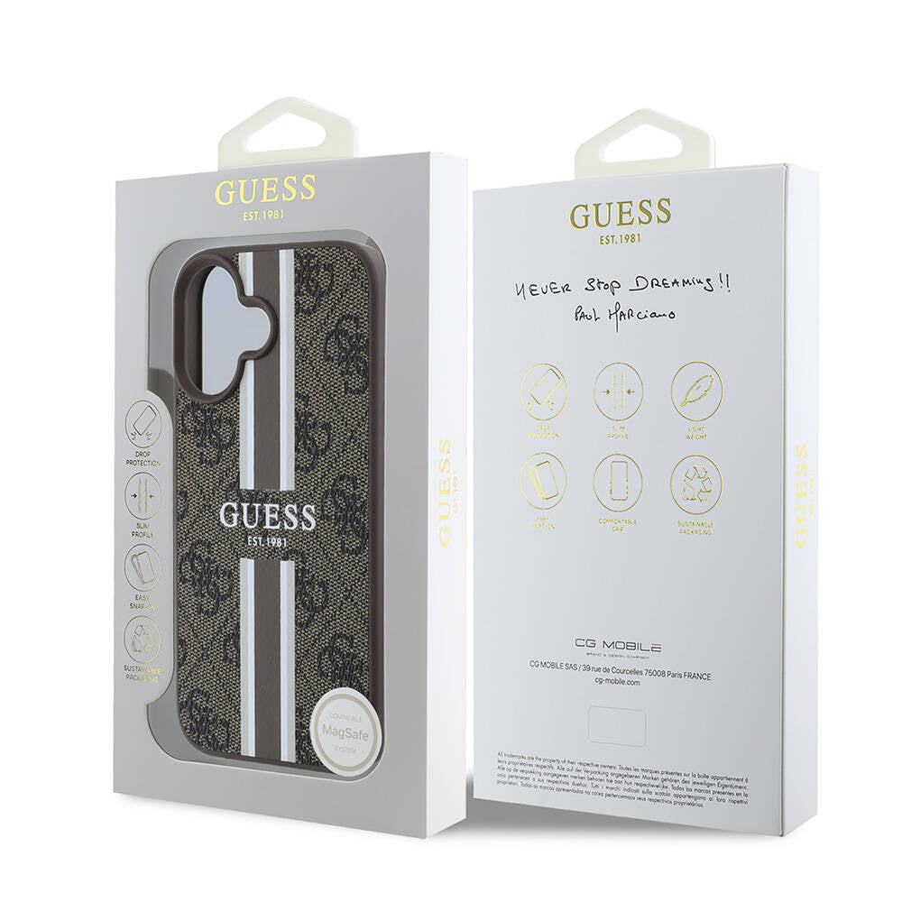 Apple iPhone 16 Plus Kılıf Guess Orjinal Lisanslı Magsafe Şarj Özellikli 4G Şerit Tasarımlı Printed Kapak Siyah