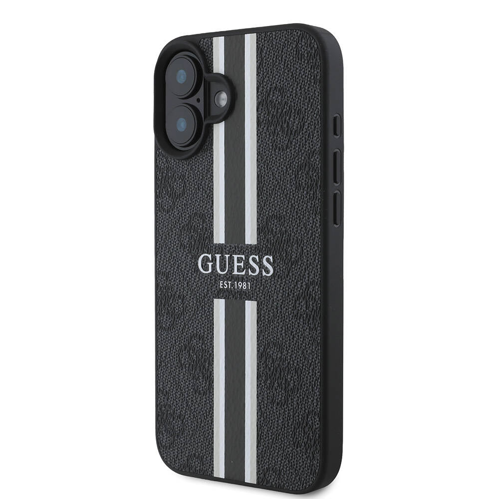 Apple iPhone 16 Plus Kılıf Guess Orjinal Lisanslı Magsafe Şarj Özellikli 4G Şerit Tasarımlı Printed Kapak Siyah