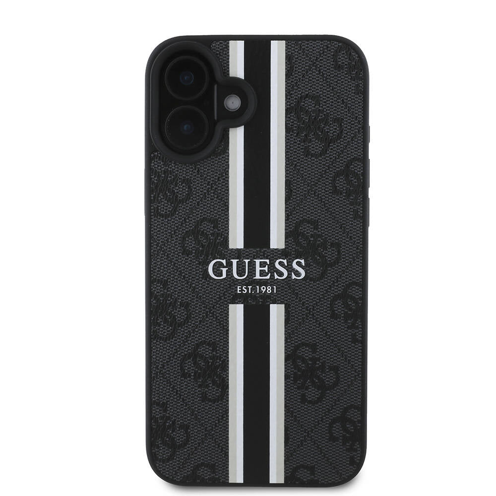 Apple iPhone 16 Plus Kılıf Guess Orjinal Lisanslı Magsafe Şarj Özellikli 4G Şerit Tasarımlı Printed Kapak Siyah