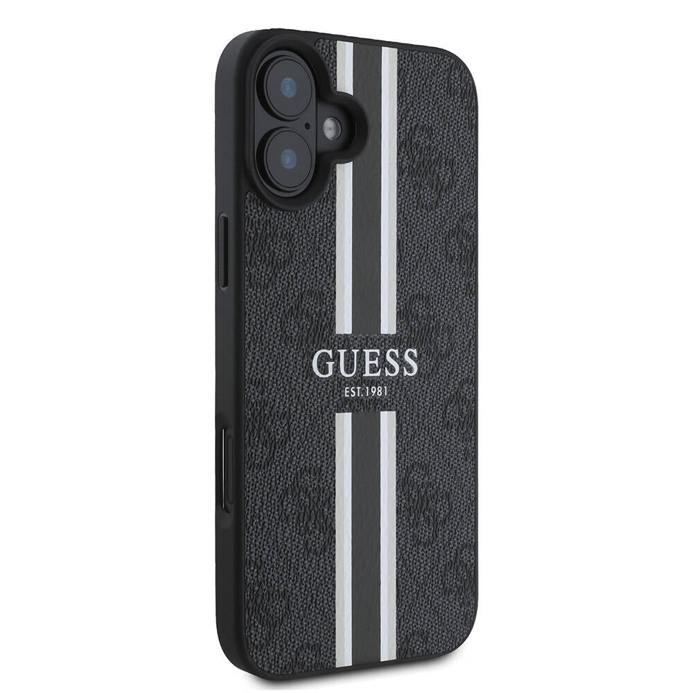Apple iPhone 16 Plus Kılıf Guess Orjinal Lisanslı Magsafe Şarj Özellikli 4G Şerit Tasarımlı Printed Kapak Siyah