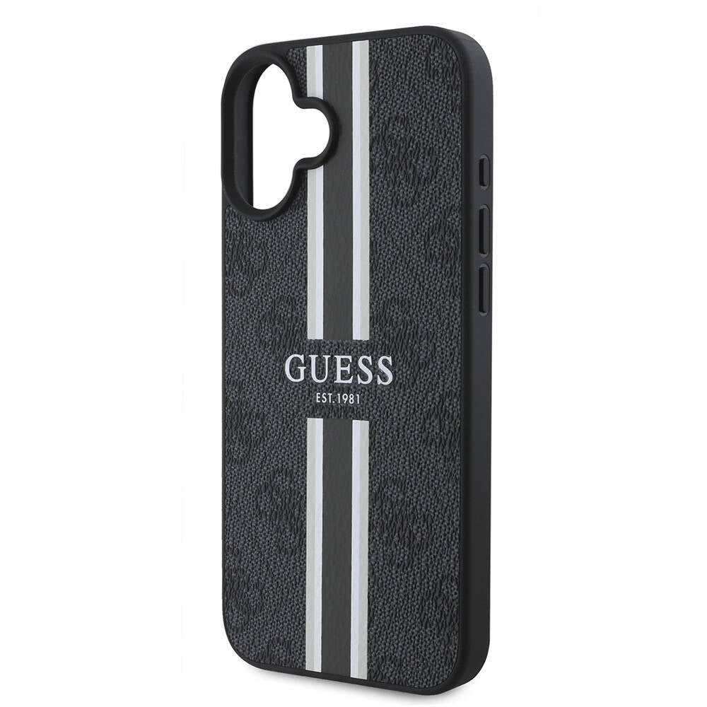 Apple iPhone 16 Plus Kılıf Guess Orjinal Lisanslı Magsafe Şarj Özellikli 4G Şerit Tasarımlı Printed Kapak Siyah