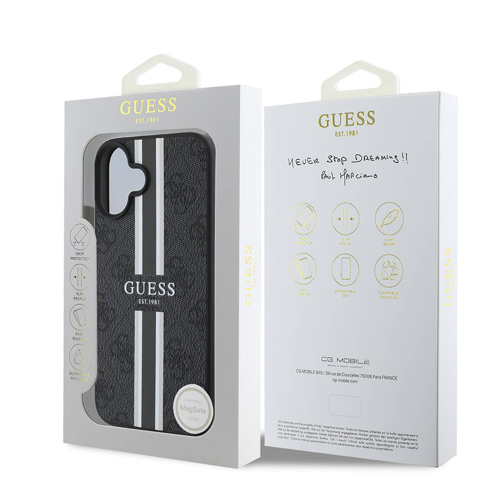Apple iPhone 16 Plus Kılıf Guess Orjinal Lisanslı Magsafe Şarj Özellikli 4G Şerit Tasarımlı Printed Kapak Siyah