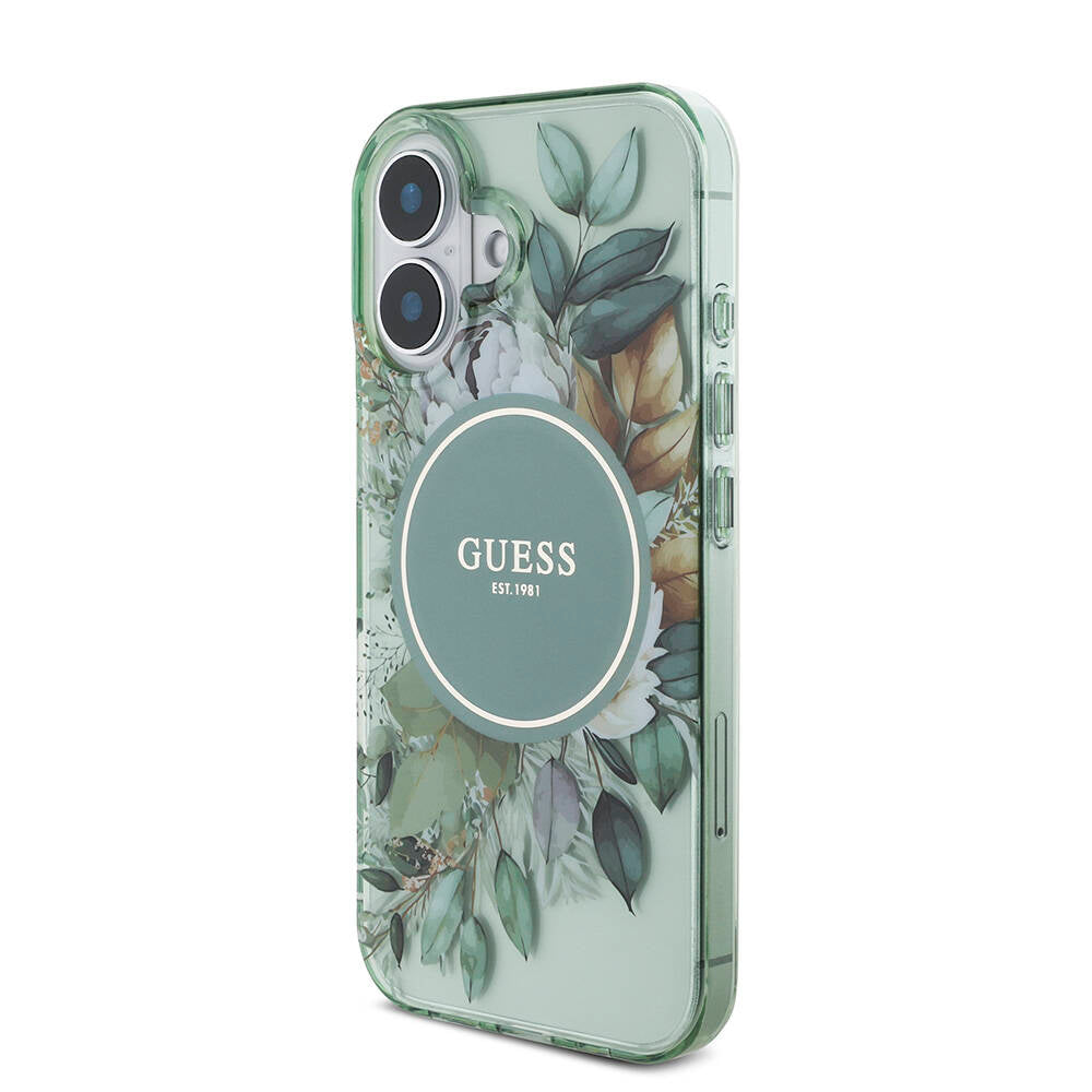 Apple iPhone 16 Plus Kılıf Guess Orjinal Lisanslı Magsafe Şarj Özellikli IML Baskılı Çiçek İnci Bileklikli Kapak Mor