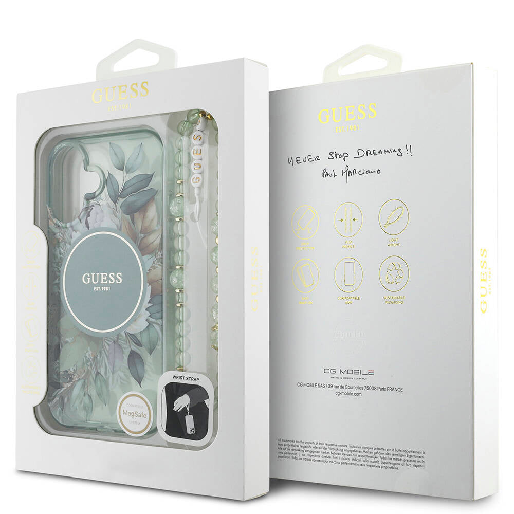 Apple iPhone 16 Plus Kılıf Guess Orjinal Lisanslı Magsafe Şarj Özellikli IML Baskılı Çiçek İnci Bileklikli Kapak Mor
