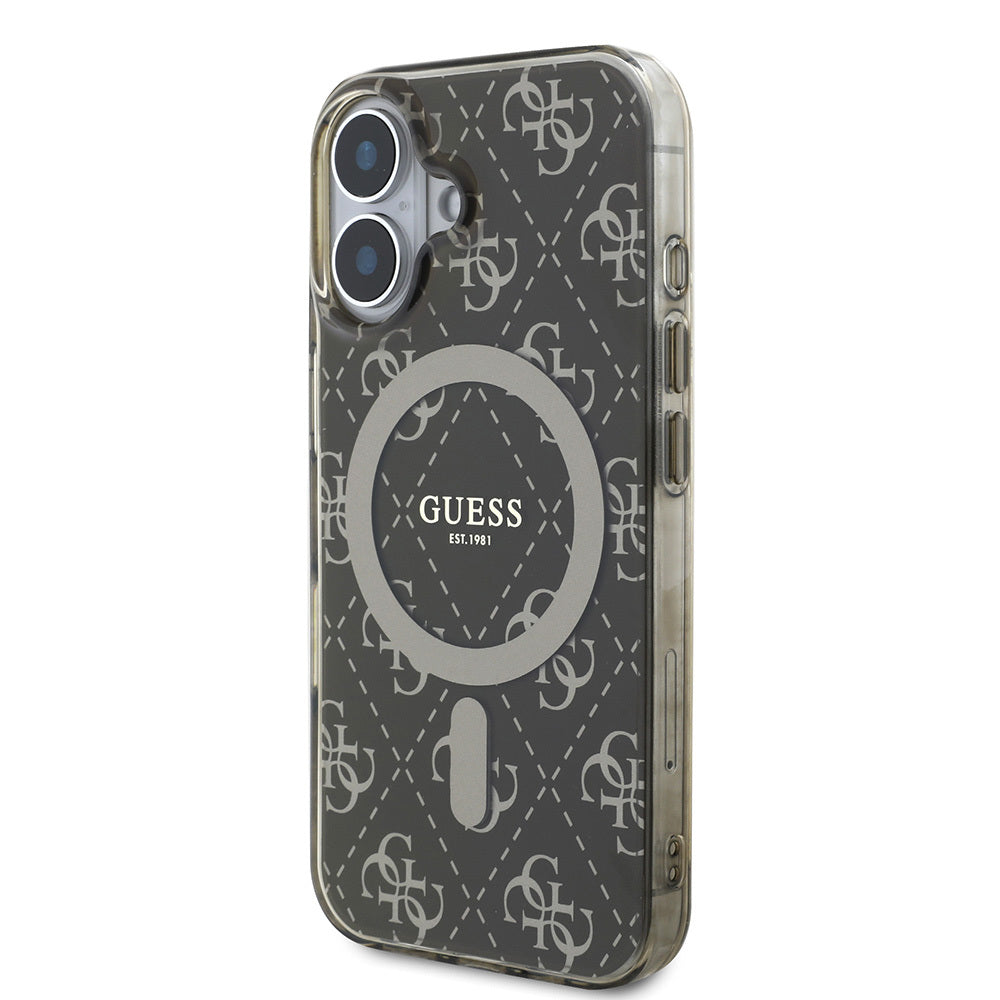 Apple iPhone 16 Plus Kılıf Guess Orjinal Lisanslı Magsafe Şarj Özellikli IML Baskılı Klasik Logolu 4G Desenli Kapak Kahverengi