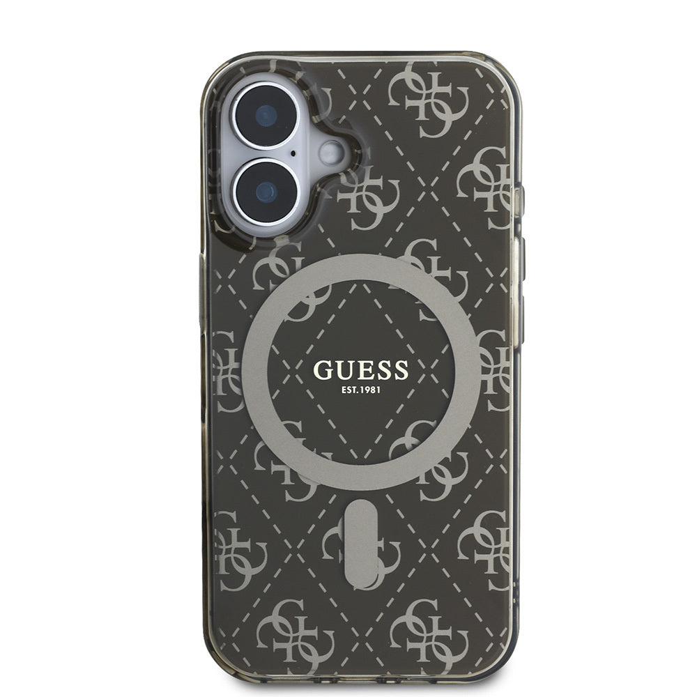 Apple iPhone 16 Plus Kılıf Guess Orjinal Lisanslı Magsafe Şarj Özellikli IML Baskılı Klasik Logolu 4G Desenli Kapak Kahverengi