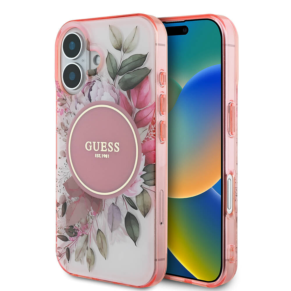 Apple iPhone 16 Plus Kılıf Guess Orjinal Lisanslı Magsafe Şarj Özellikli IML Baskılı Yazı Logolu Flower Tonal Circle Kapak Yeşil