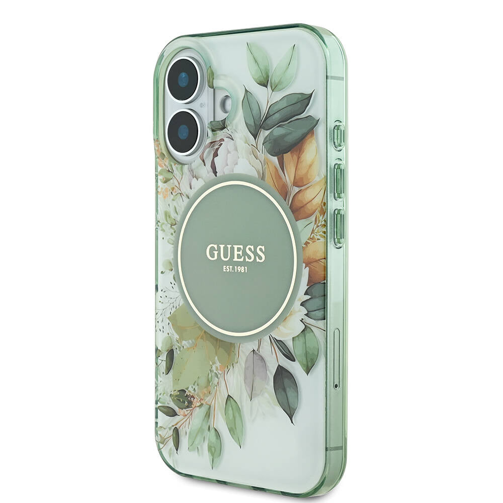 Apple iPhone 16 Plus Kılıf Guess Orjinal Lisanslı Magsafe Şarj Özellikli IML Baskılı Yazı Logolu Flower Tonal Circle Kapak Yeşil