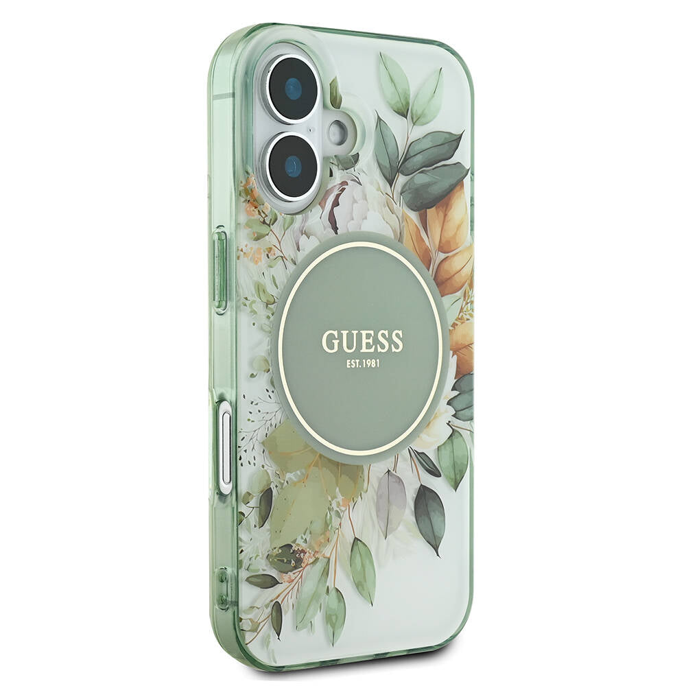 Apple iPhone 16 Plus Kılıf Guess Orjinal Lisanslı Magsafe Şarj Özellikli IML Baskılı Yazı Logolu Flower Tonal Circle Kapak Yeşil