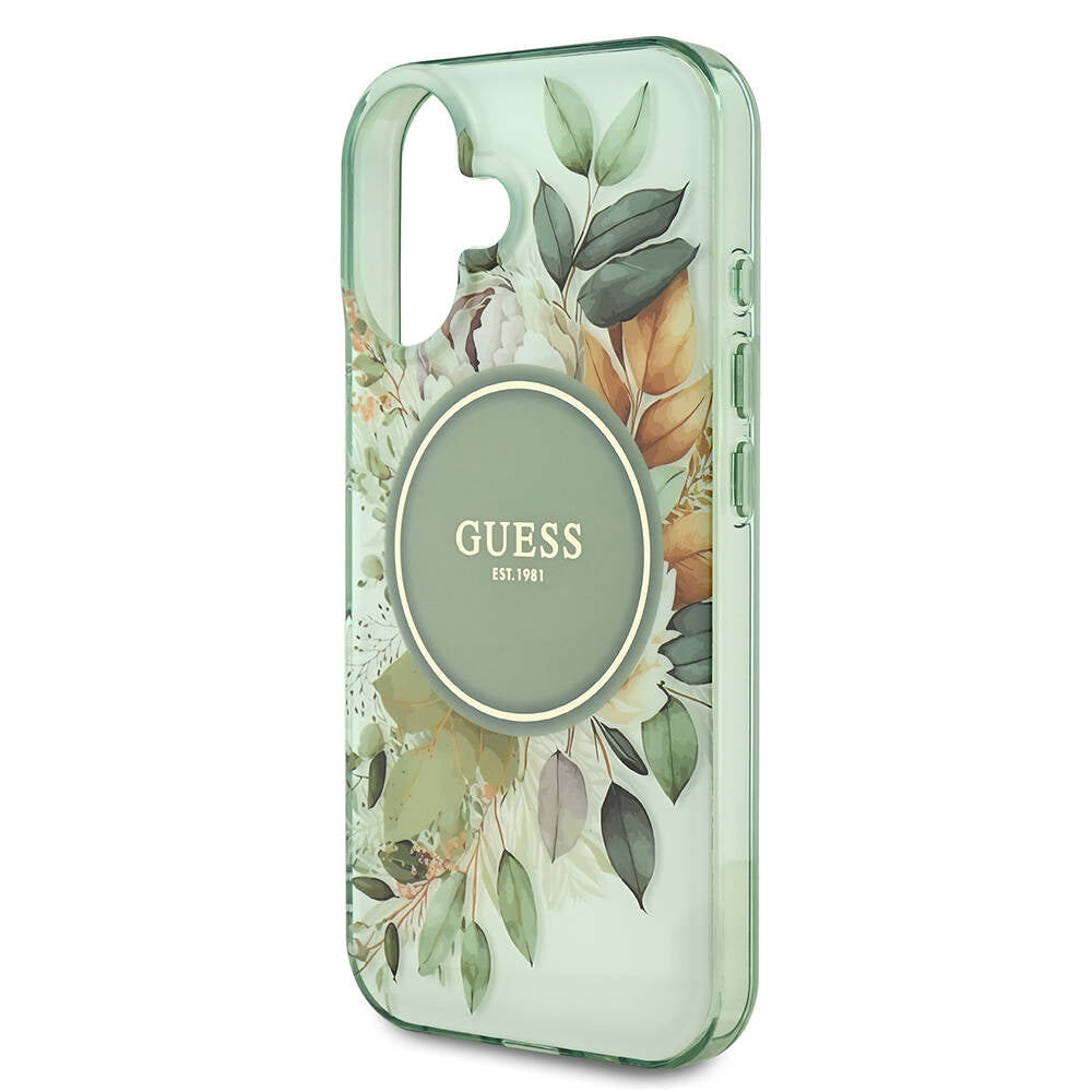 Apple iPhone 16 Plus Kılıf Guess Orjinal Lisanslı Magsafe Şarj Özellikli IML Baskılı Yazı Logolu Flower Tonal Circle Kapak Yeşil
