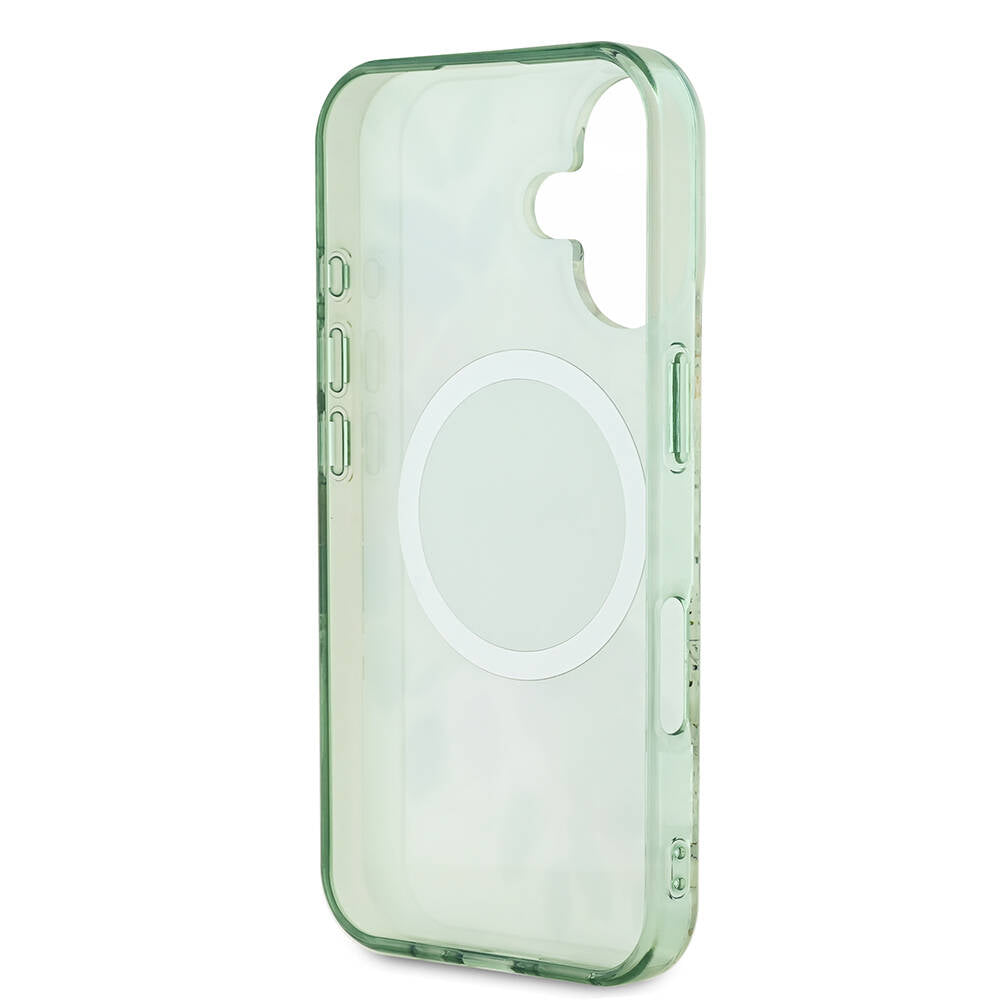 Apple iPhone 16 Plus Kılıf Guess Orjinal Lisanslı Magsafe Şarj Özellikli IML Baskılı Yazı Logolu Flower Tonal Circle Kapak Yeşil