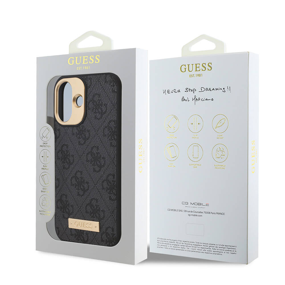 Apple iPhone 16 Plus Kılıf Guess Orjinal Lisanslı Magsafe Şarj Özellikli PU 4G Desenli Metal Plaka Klasik Logolu Kapak Pembe