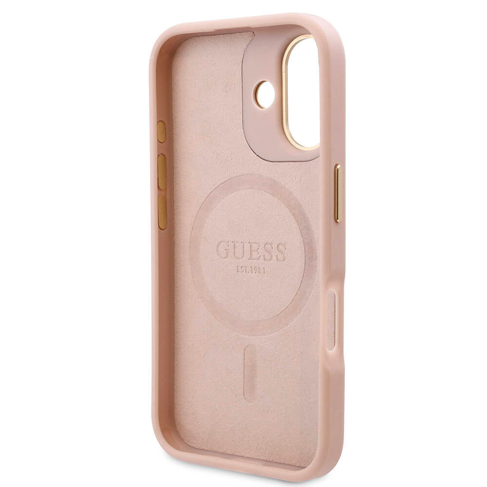 Apple iPhone 16 Plus Kılıf Guess Orjinal Lisanslı Magsafe Şarj Özellikli PU 4G Desenli Metal Plaka Klasik Logolu Kapak Siyah